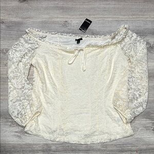 Women's Cream Torrid Stretch Lace Off-Shoulder Corset Seamed Long Sleeve Top NWT